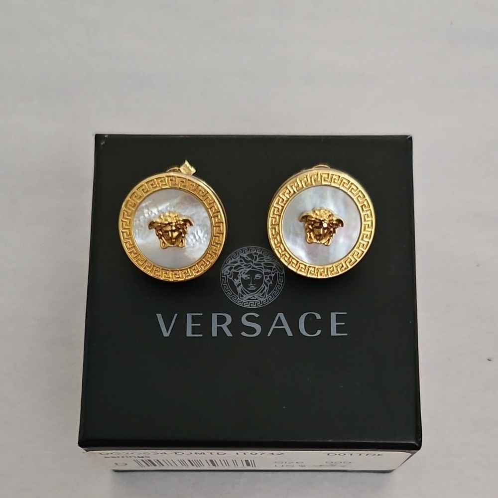 Preloved authentic Versace Medusa Gold and White Earrings